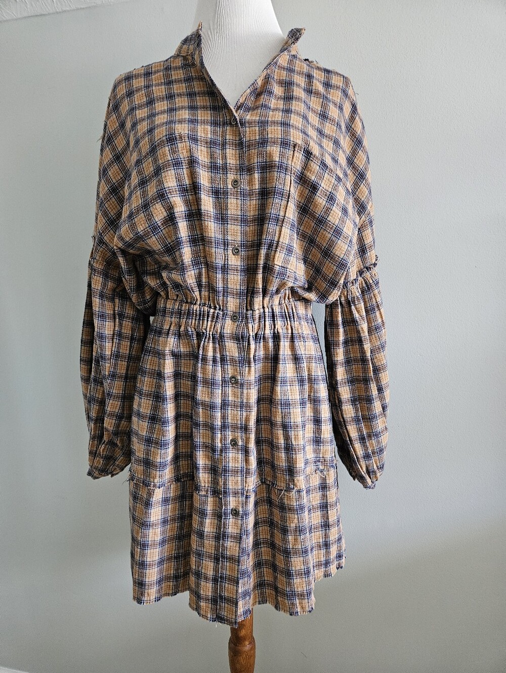 Talulah | Plaid Button-Front Long Sleeve Waist-Elastic Mini Dress
